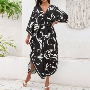 Black and White Patterned Kaftan Dress